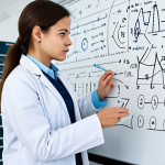 A focused professional physicist, fully clothed in a clean lab coat over a modest shirt and trousers, stands in a brightly lit, modern research laboratory. One hand gently rests on a complex whiteboard filled with elegant mathematical equations and diagrams, her gaze thoughtful and inspired, conveying a moment of profound intellectual understanding. Scientific instruments are subtly visible in the background, hinting at ongoing discovery and abstract thinking. The image emphasizes intellectual curiosity and the beauty of scientific laws, perfect anatomy, correct proportions, natural pose, well-formed hands, proper finger count, natural body proportions, safe for work, appropriate content, professional.