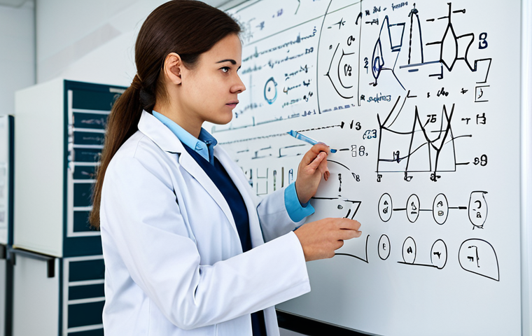 A focused professional physicist, fully clothed in a clean lab coat over a modest shirt and trousers, stands in a brightly lit, modern research laboratory. One hand gently rests on a complex whiteboard filled with elegant mathematical equations and diagrams, her gaze thoughtful and inspired, conveying a moment of profound intellectual understanding. Scientific instruments are subtly visible in the background, hinting at ongoing discovery and abstract thinking. The image emphasizes intellectual curiosity and the beauty of scientific laws, perfect anatomy, correct proportions, natural pose, well-formed hands, proper finger count, natural body proportions, safe for work, appropriate content, professional.