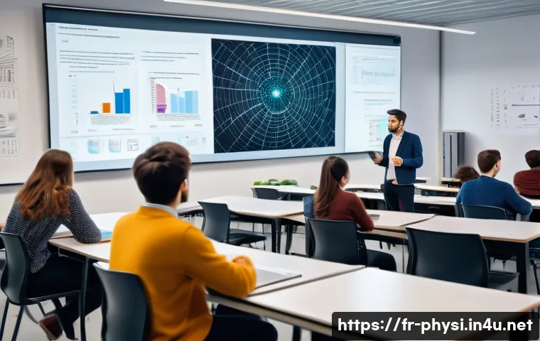 물리학 교수가 되려면 - A modern French university physics classroom with diverse students attentively listening to a profes...