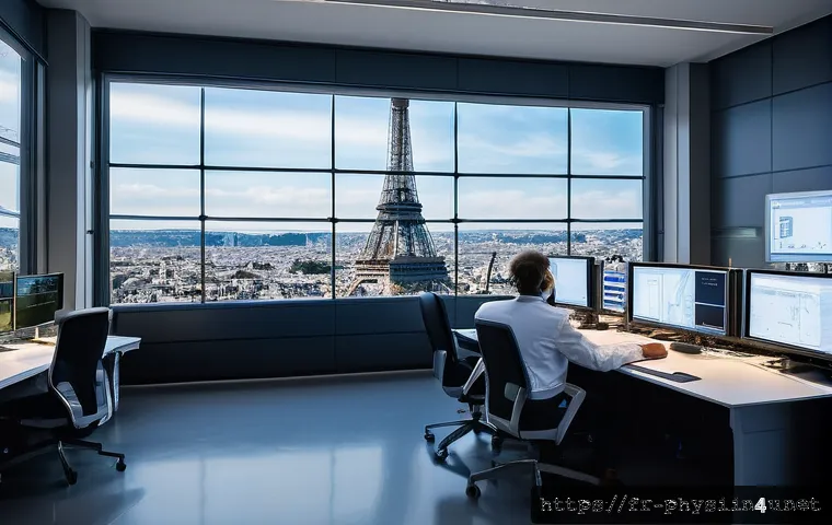 물리학 연구 윤리 - A futuristic quantum physics laboratory in Paris, filled with advanced quantum computers and hologra...