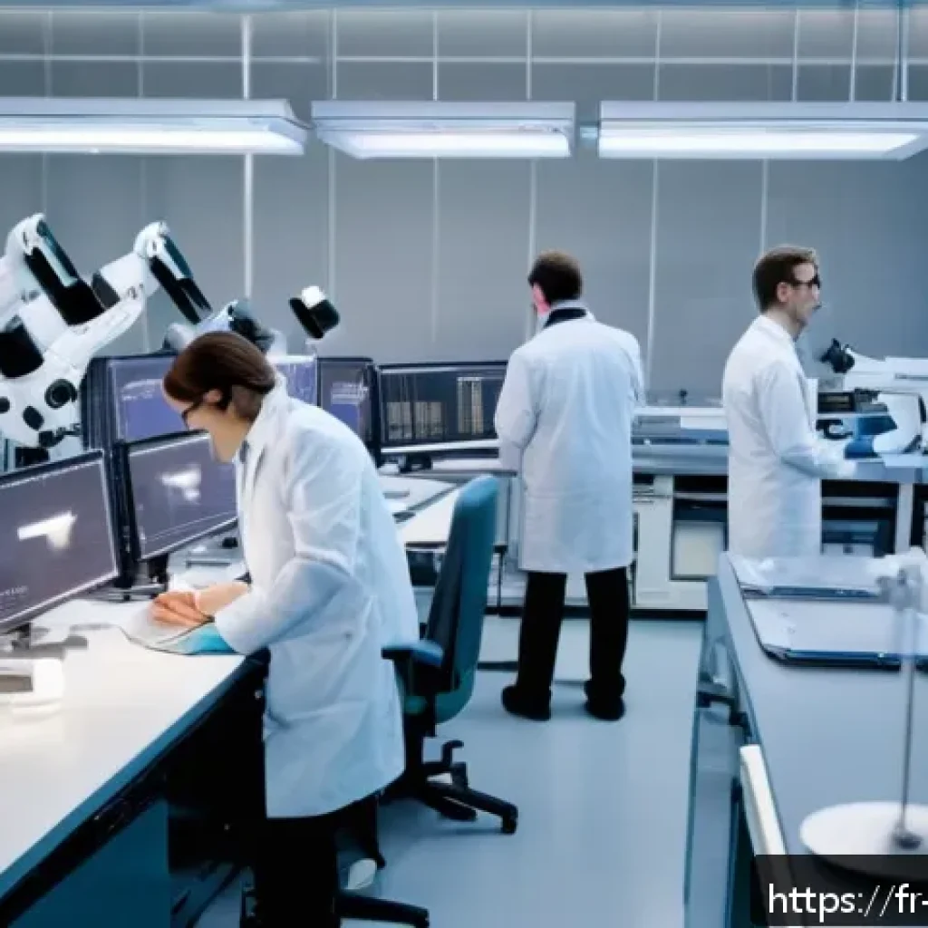 물리학 연구실 문화 - A modern scientific laboratory scene in France, bustling with diverse researchers wearing lab coats ...