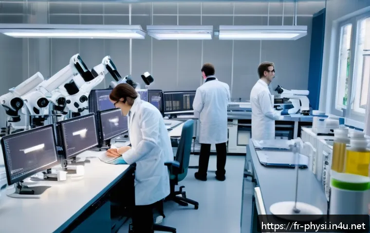 물리학 연구실 문화 - A modern scientific laboratory scene in France, bustling with diverse researchers wearing lab coats ...