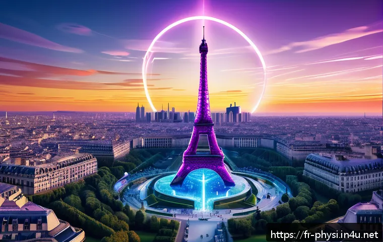 물리학 최신 연구 동향 - A highly detailed futuristic laboratory scene in Paris, showcasing two entangled quantum particles r...
