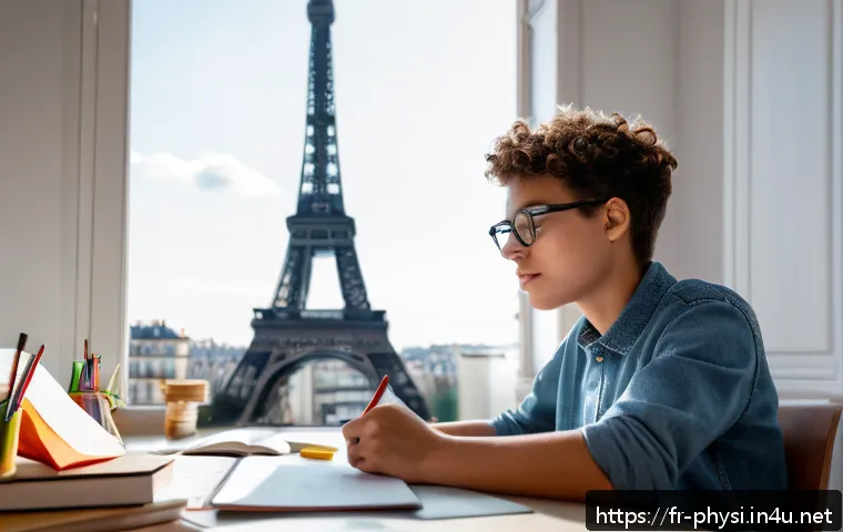물리학 관련 멘토링 기회 - A dedicated physics mentor and a French high school student sitting together at a cozy, modern study...