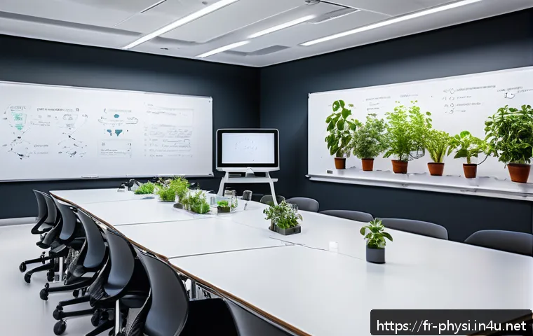 물리학자의 창의성 키우기 - A modern, open-plan physics laboratory designed for collaborative work, featuring diverse groups of ...